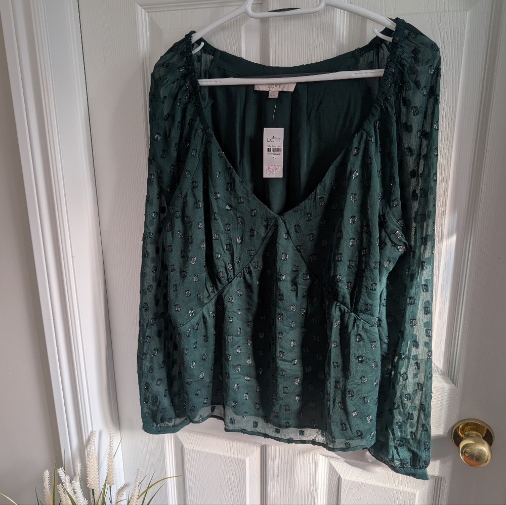LOFT Forrest Green Blouse with Textured Pattern